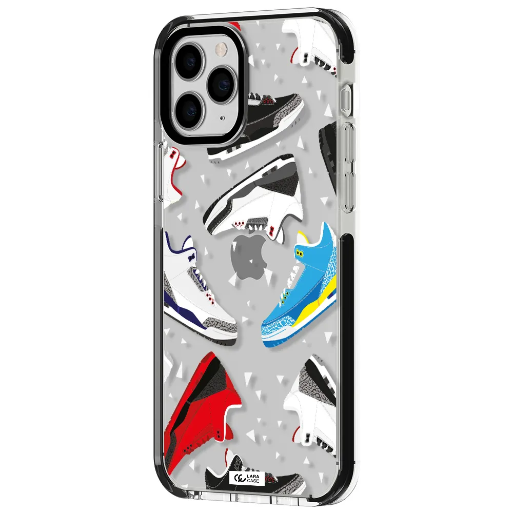 a pattern of different colored shoes Apple iPhone 11 pro impact black border Case