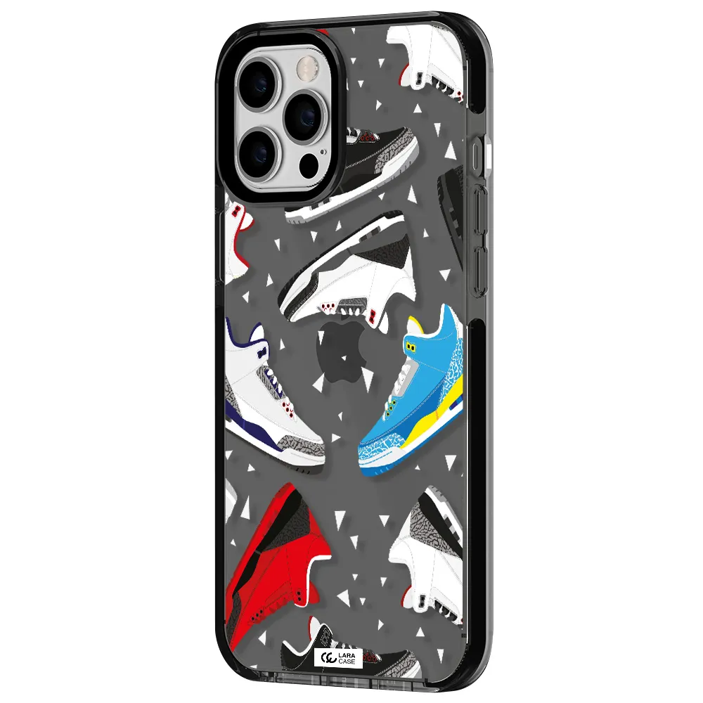 a pattern of different colored shoes Apple iPhone 12 pro max impact Smoke Black Case