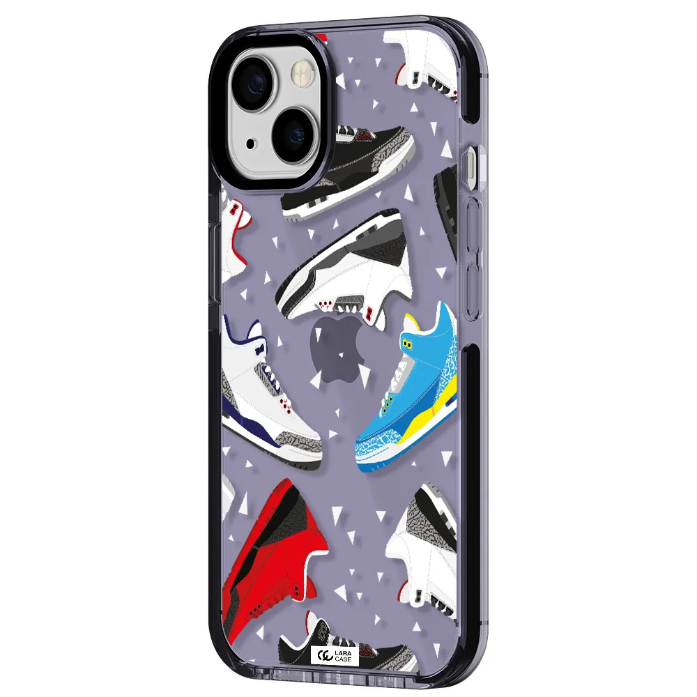 a pattern of different colored shoes Apple iPhone 13 impact Lilac Case