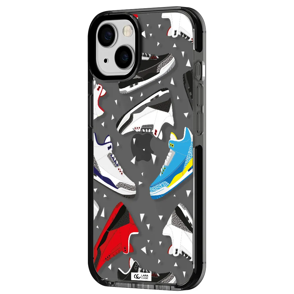a pattern of different colored shoes Apple iPhone 13 impact Smoke Black Case