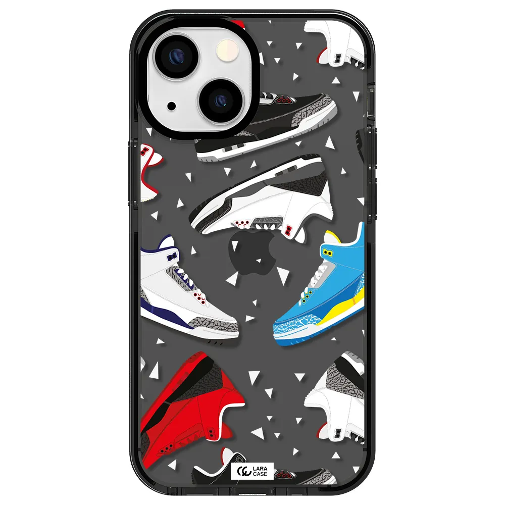 a pattern of different colored shoes Apple iPhone 13 mini impact Smoke Black Case