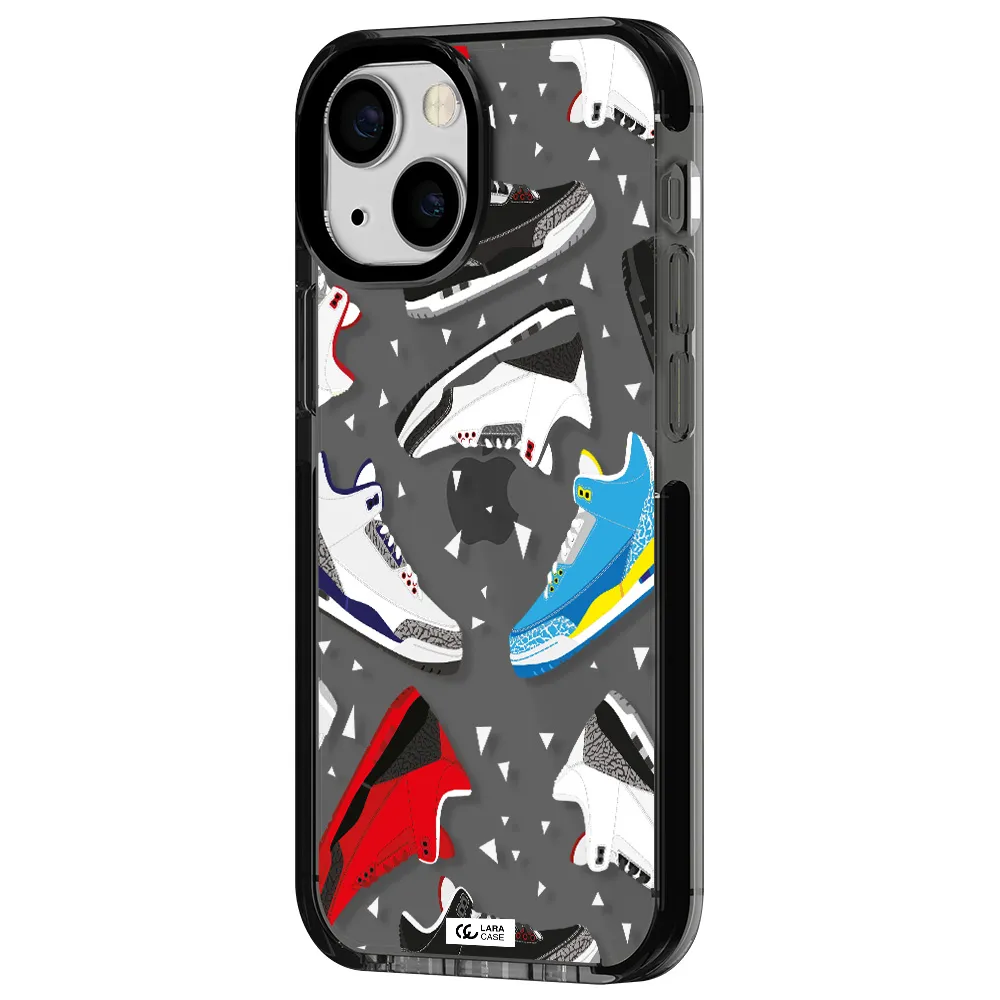 a pattern of different colored shoes Apple iPhone 13 mini impact Smoke Black Case