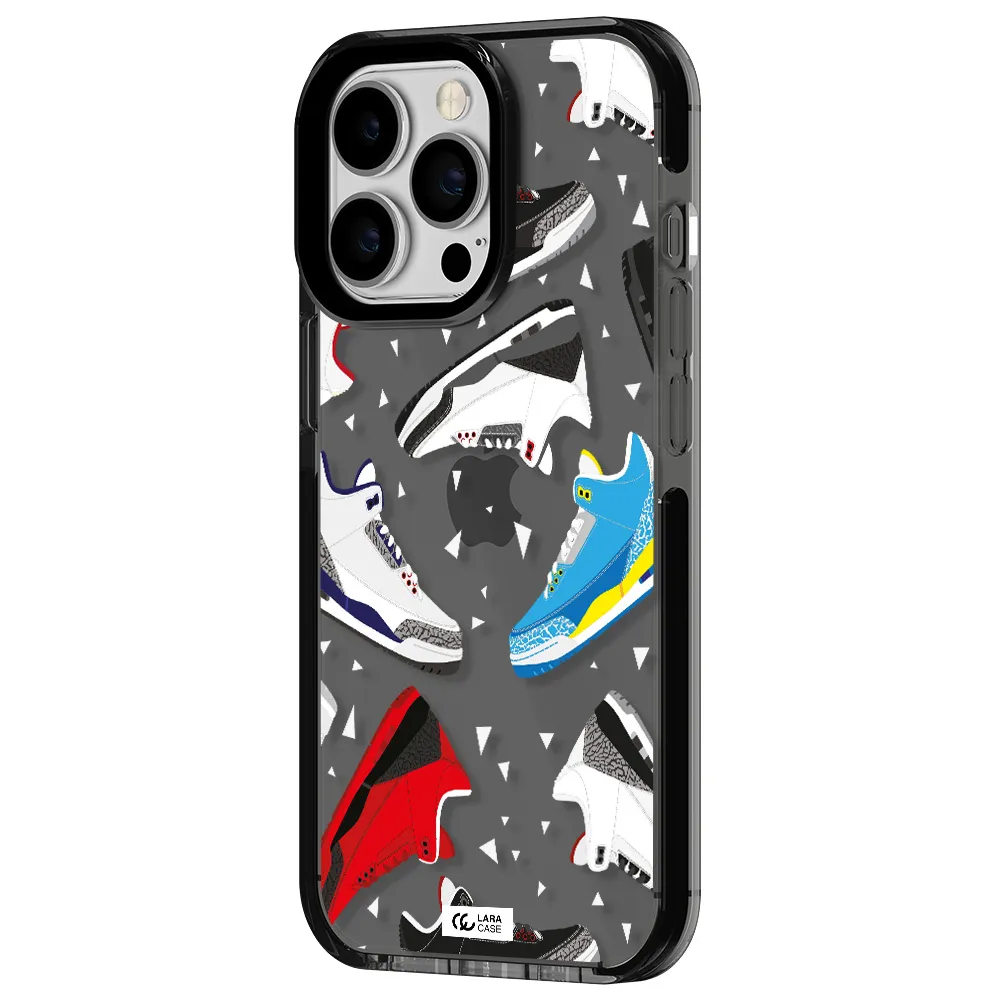 a pattern of different colored shoes Apple iPhone 13 Pro impact Smoke Black Case