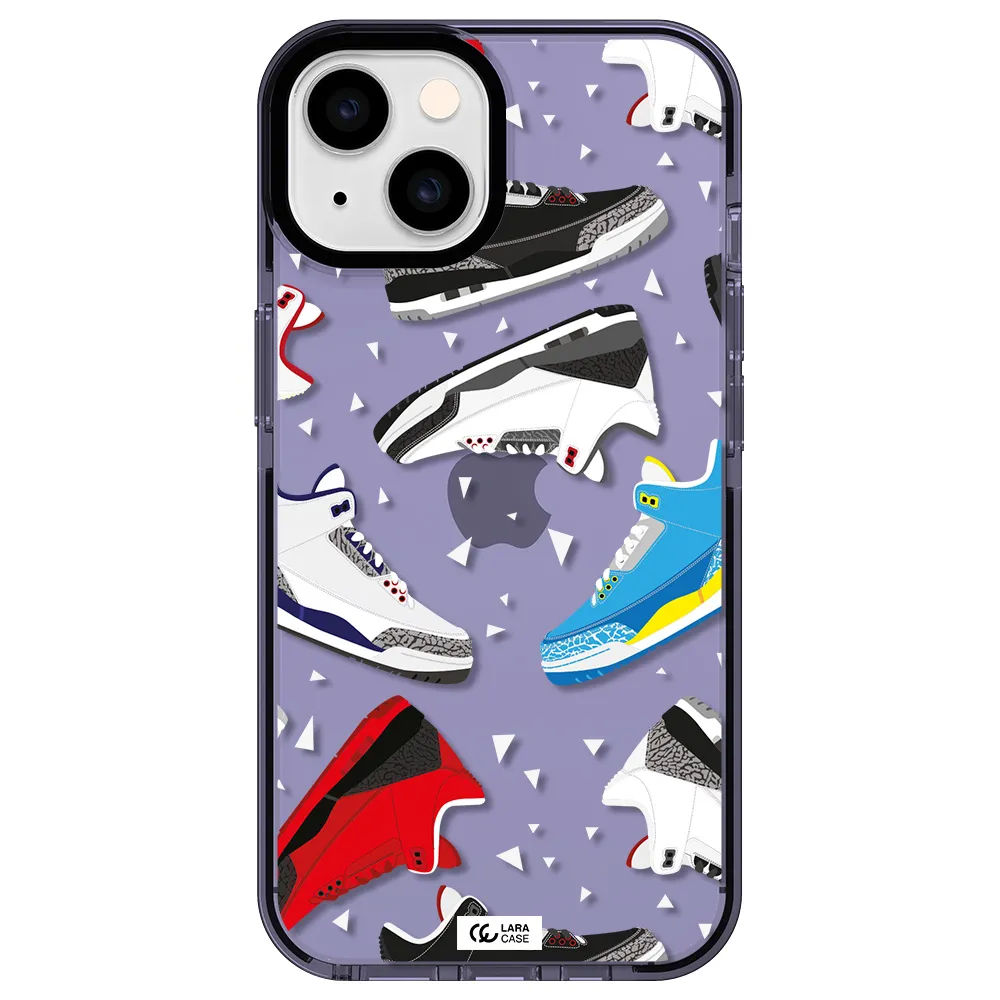 a pattern of different colored shoes Apple iPhone 14 impact Lilac Case