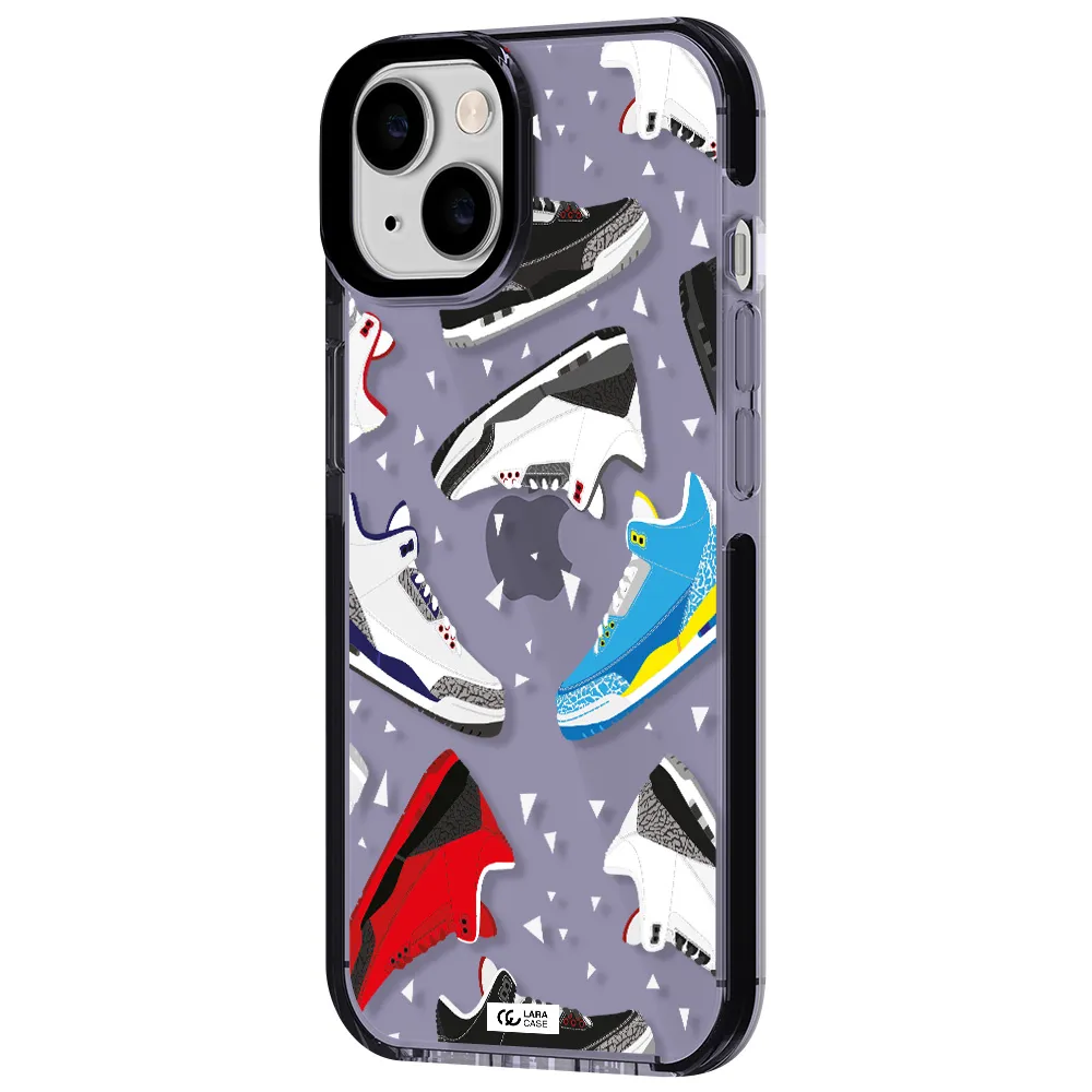 a pattern of different colored shoes Apple iPhone 14 impact Lilac Case