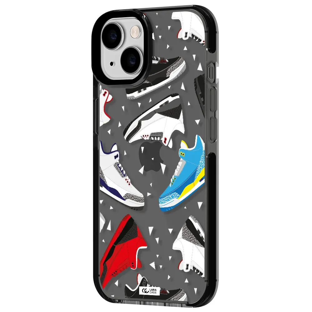 a pattern of different colored shoes Apple iPhone 14 impact Smoke Black Case