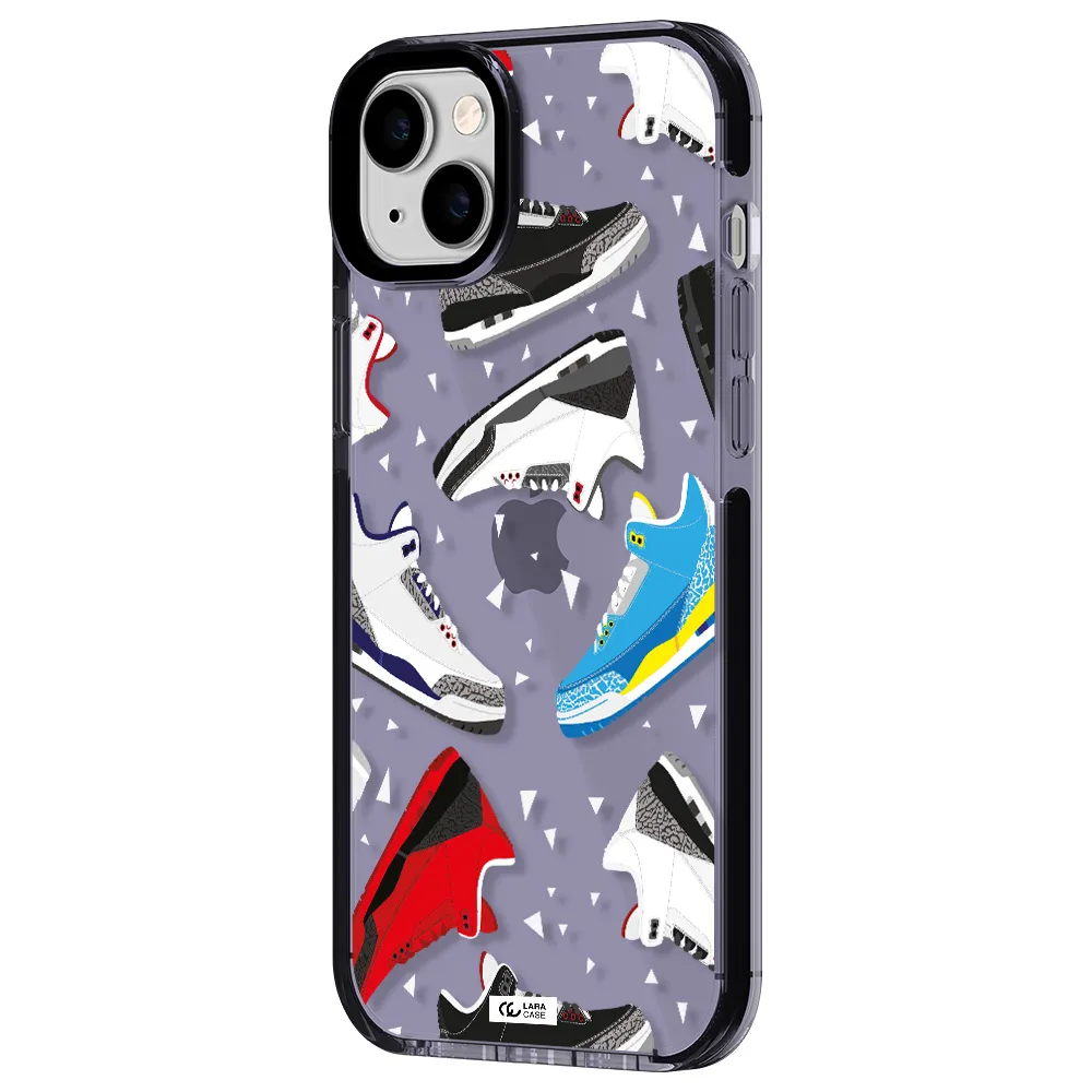 a pattern of different colored shoes Apple iPhone 14 plus impact Lilac Case