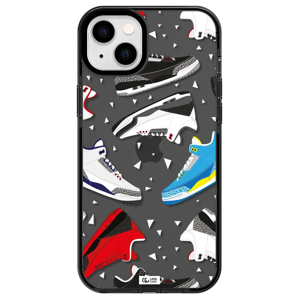 a pattern of different colored shoes Apple iPhone 14 plus impact Smoke Black Case