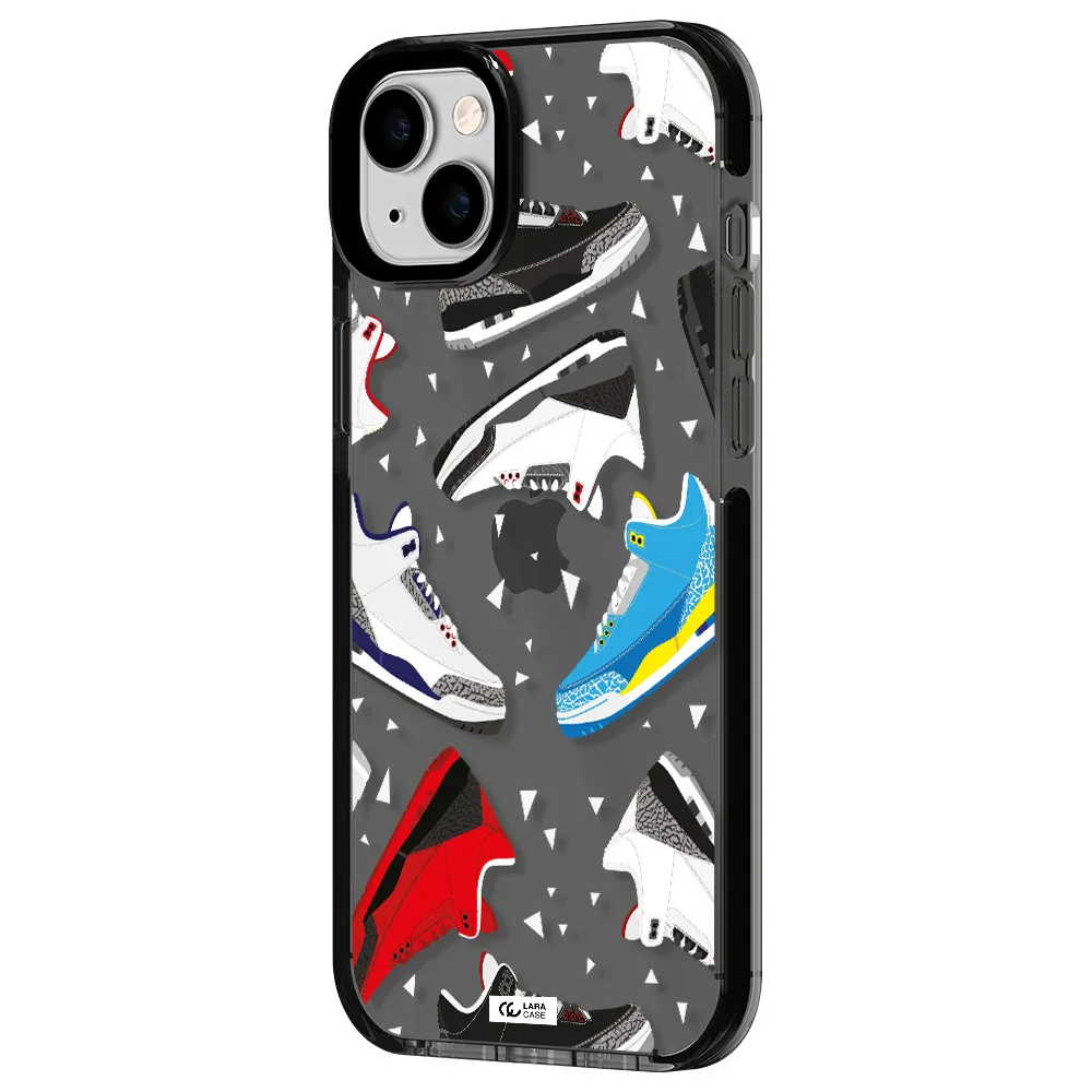 a pattern of different colored shoes Apple iPhone 14 plus impact Smoke Black Case