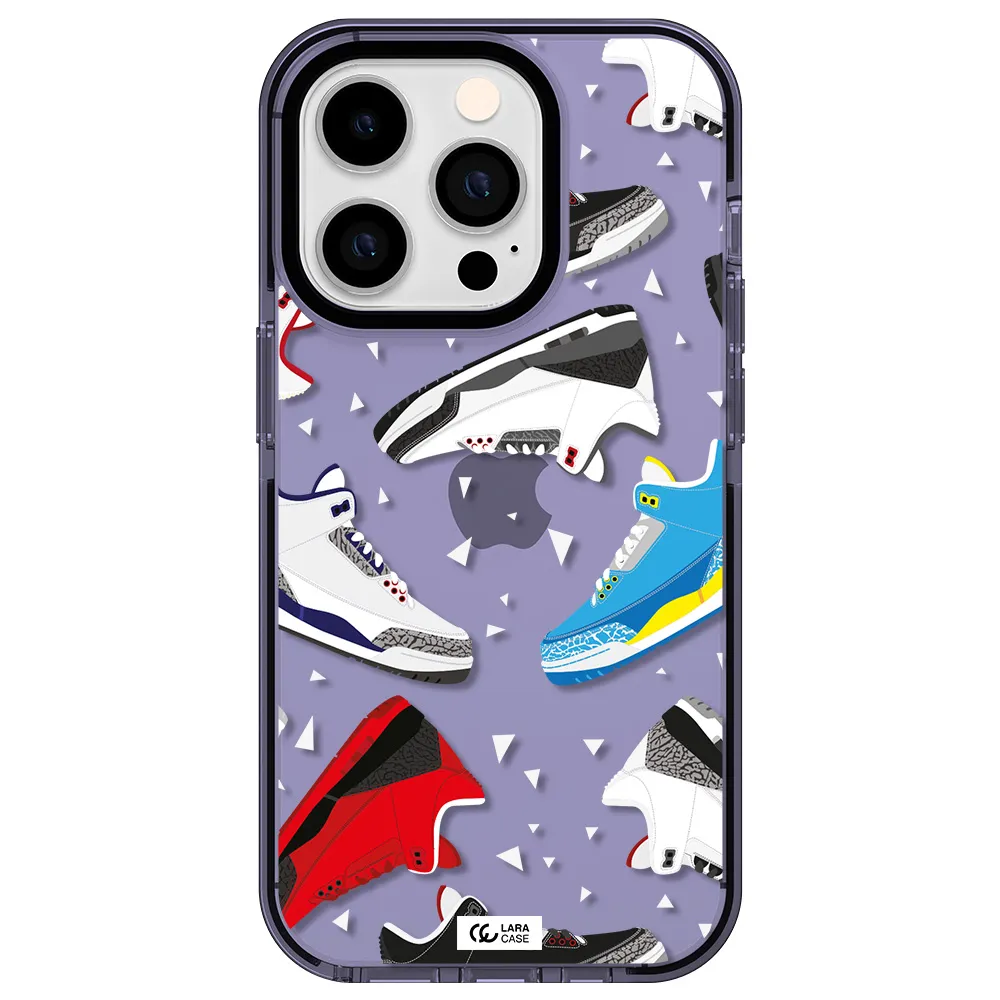 a pattern of different colored shoes Apple iPhone 14 pro impact Lilac Case