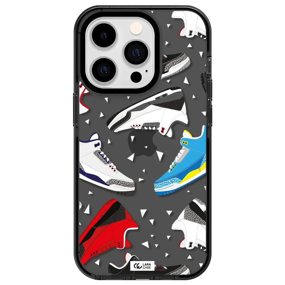 a pattern of different colored shoes Apple iPhone 14 pro impact Smoke Black Case