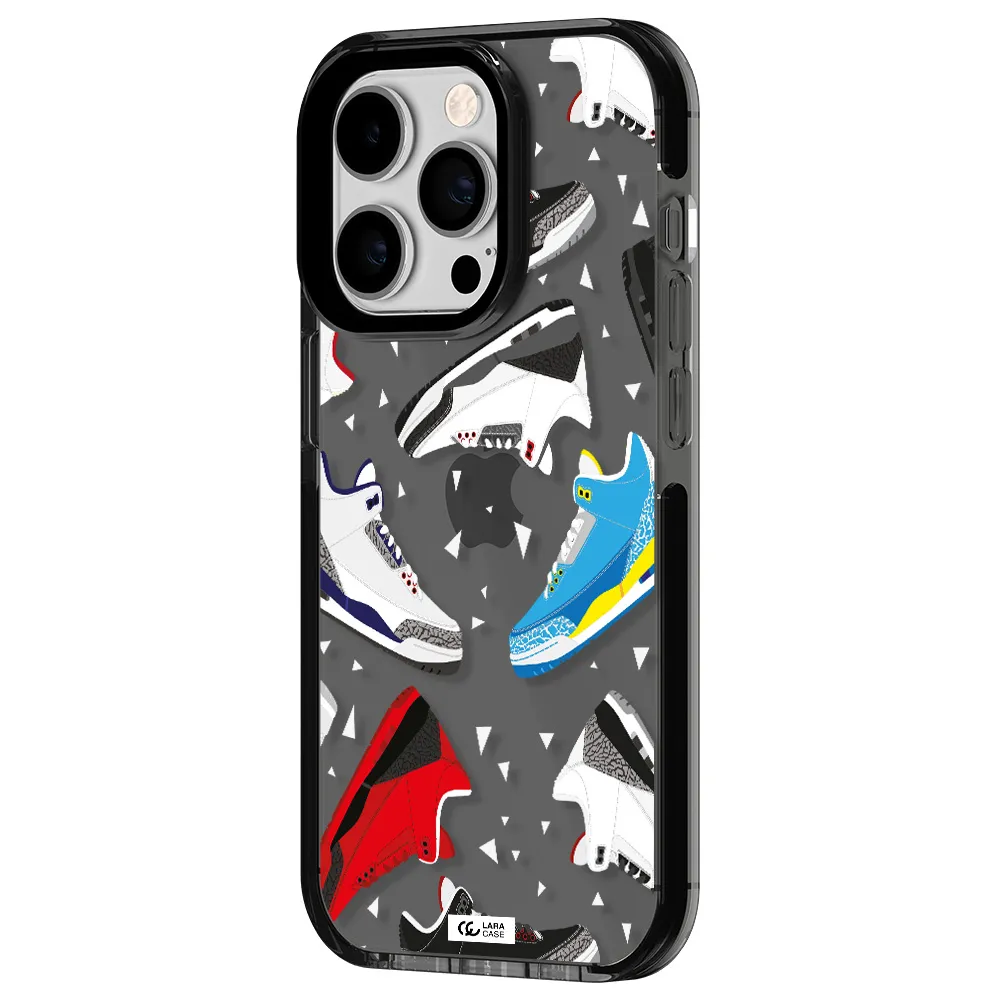 a pattern of different colored shoes Apple iPhone 14 pro impact Smoke Black Case