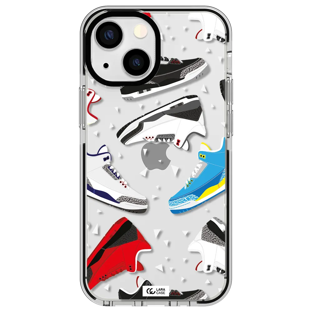 a pattern of different colored shoes Apple iPhone 15 impact black border Case