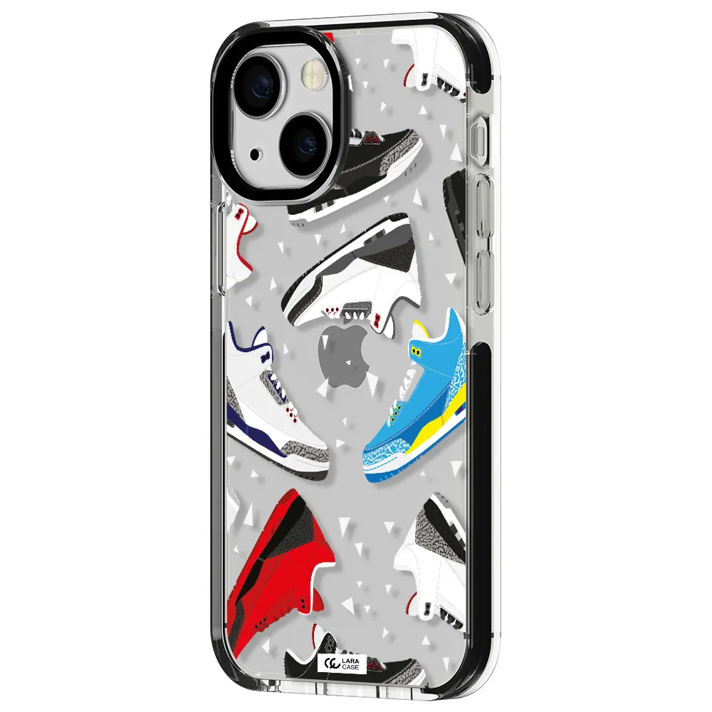 a pattern of different colored shoes Apple iPhone 15 impact black border Case
