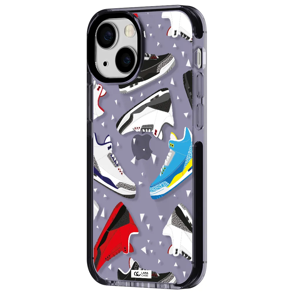 a pattern of different colored shoes Apple iPhone 15 impact Lilac Case