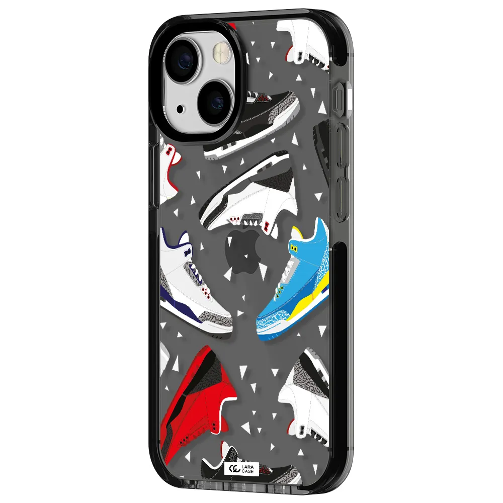 a pattern of different colored shoes Apple iPhone 15 impact Smoke Black Case