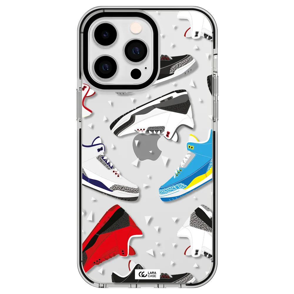 a pattern of different colored shoes Apple iPhone 15 Pro impact black border Case