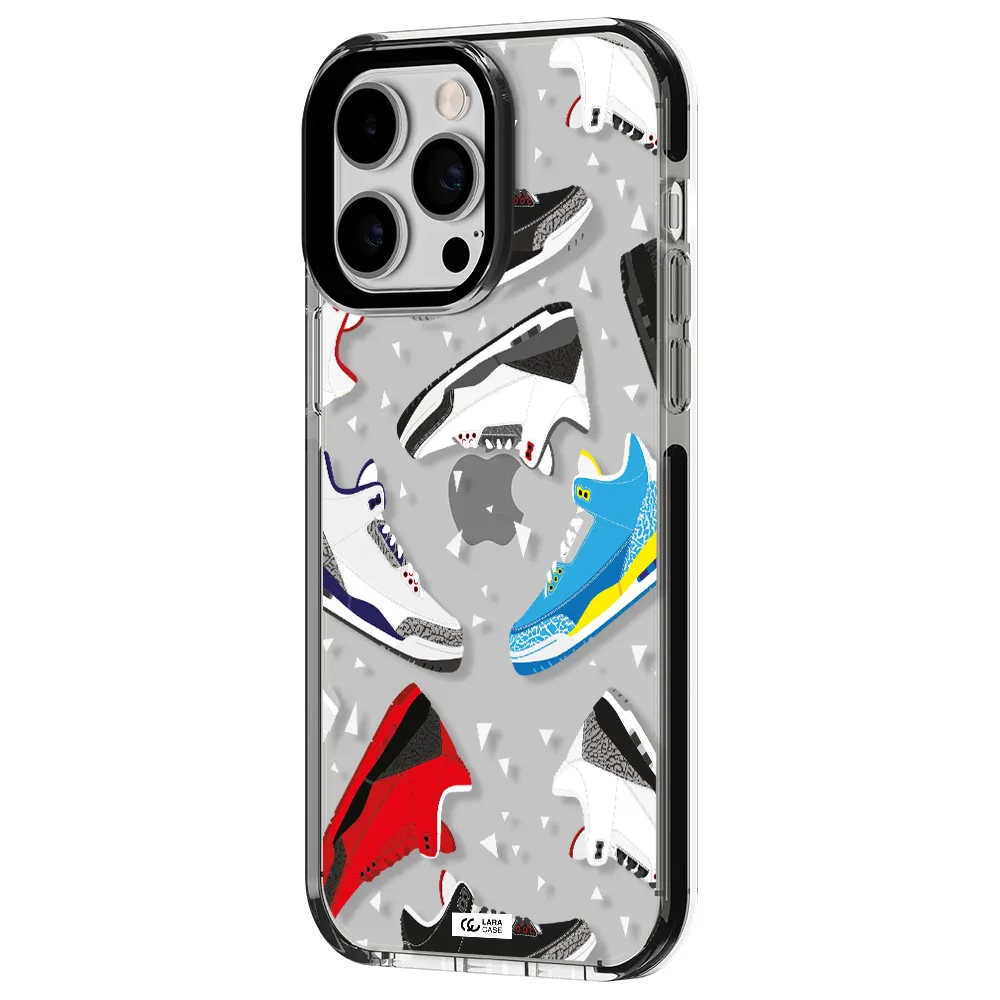 a pattern of different colored shoes Apple iPhone 15 Pro impact black border Case