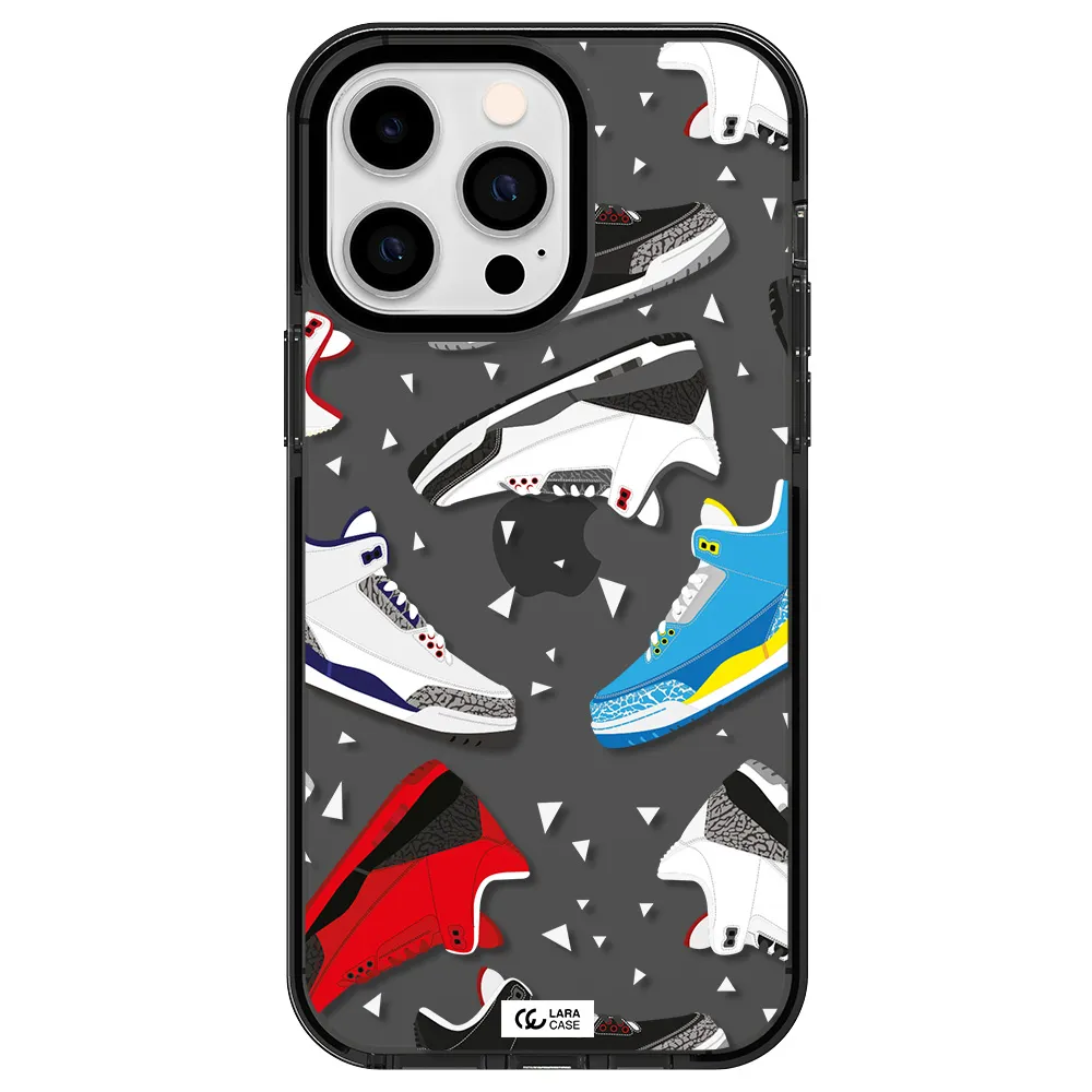 a pattern of different colored shoes Apple iPhone 15 Pro impact Smoke Black Case