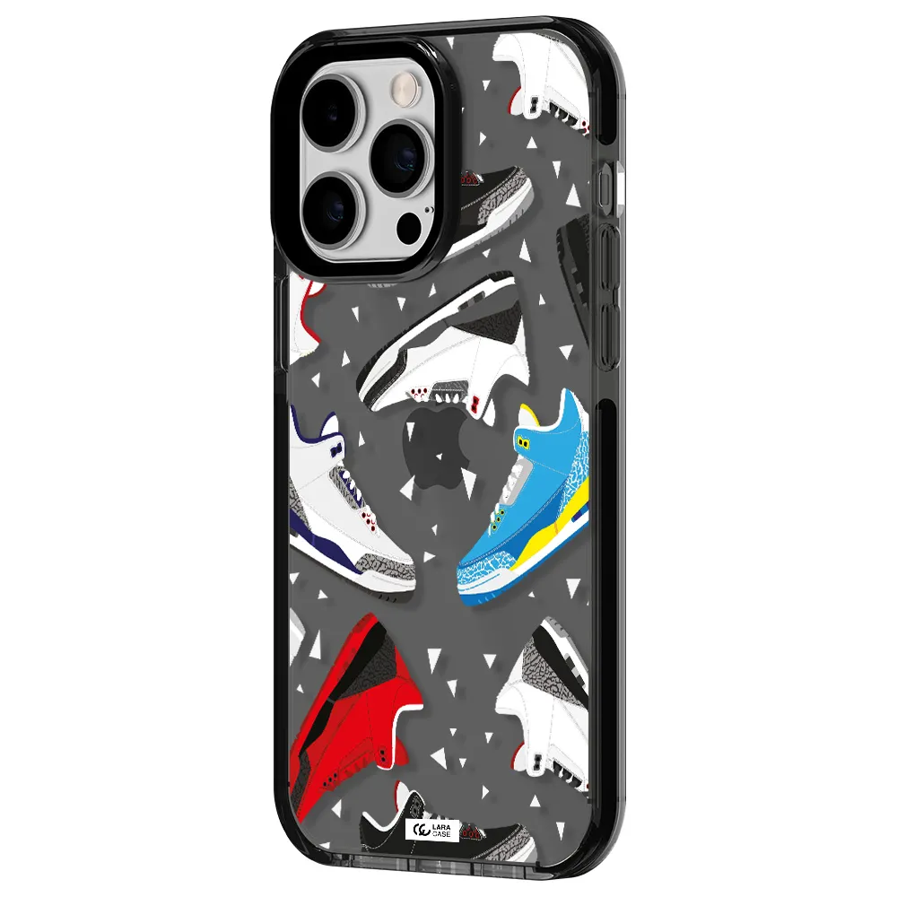 a pattern of different colored shoes Apple iPhone 15 Pro impact Smoke Black Case