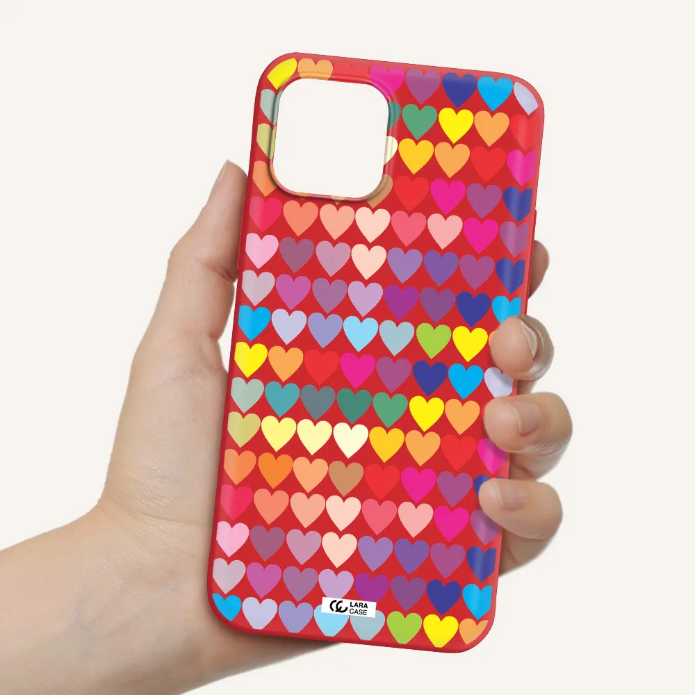 a colorful heart pattern Apple iPhone 12 Silicone Imperial Red Case