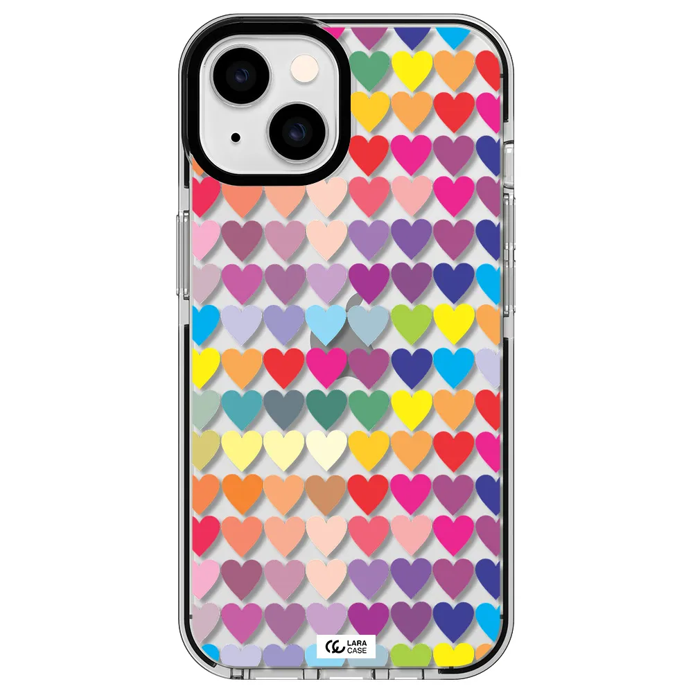 a colorful heart pattern Apple iPhone 14 impact black border Case