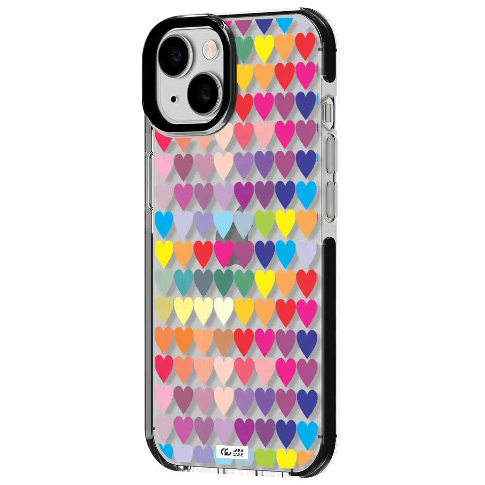 a colorful heart pattern Apple iPhone 14 impact black border Case
