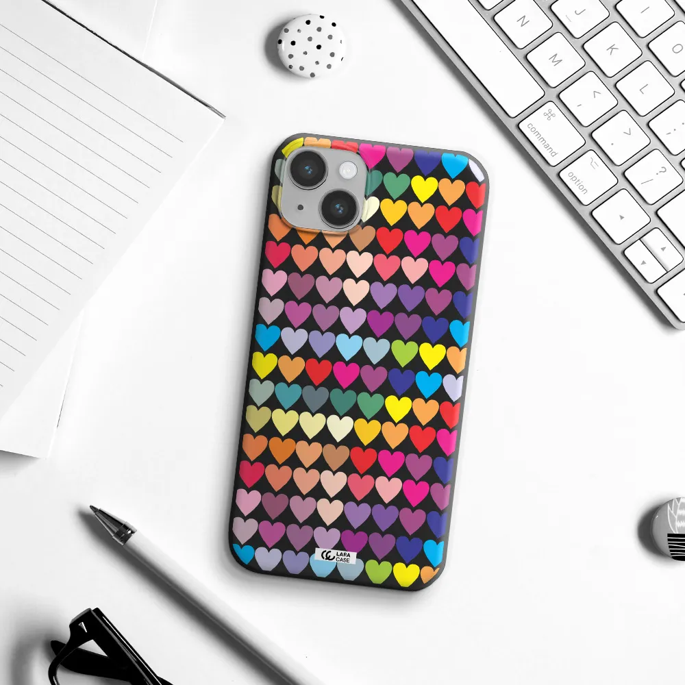 a colorful heart pattern Apple iPhone 14 plus Silicone black Case
