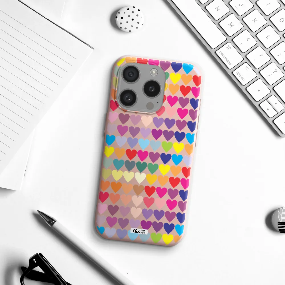 A Colorful Heart Pattern Apple Iphone 15 Pro Silicone Pastel Pink Case