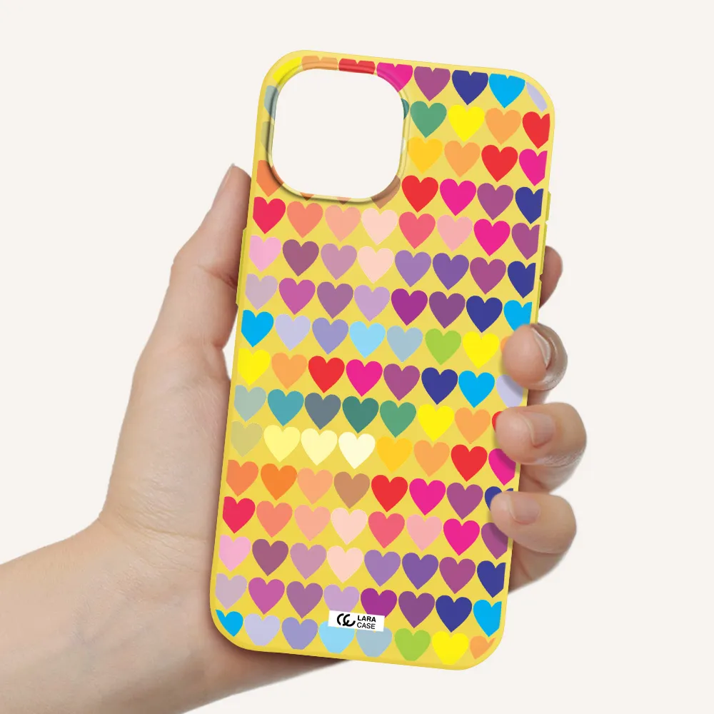 a colorful heart pattern Apple iPhone 15 Silicone canary yellow Case