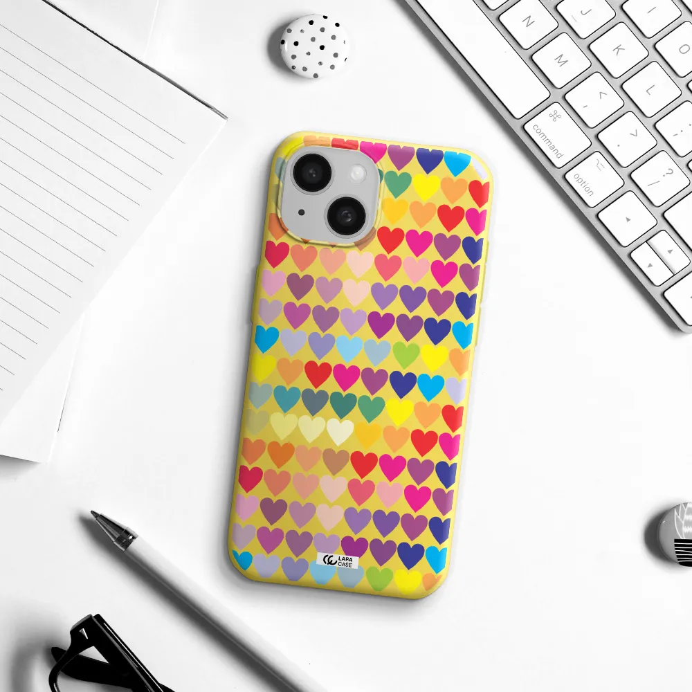 a colorful heart pattern Apple iPhone 15 Silicone canary yellow Case