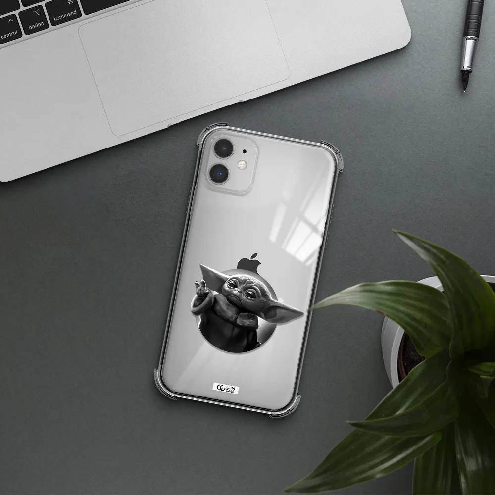 a black and white image of a baby yoda Apple iPhone 11 Clear PC Case
