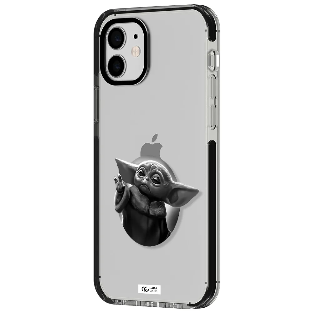 a black and white image of a baby yoda Apple iPhone 11 impact black border Case