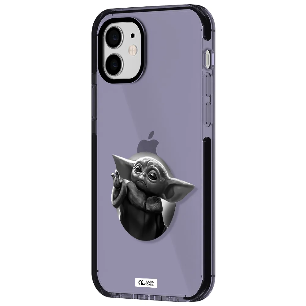 a black and white image of a baby yoda Apple iPhone 11 impact Lilac Case