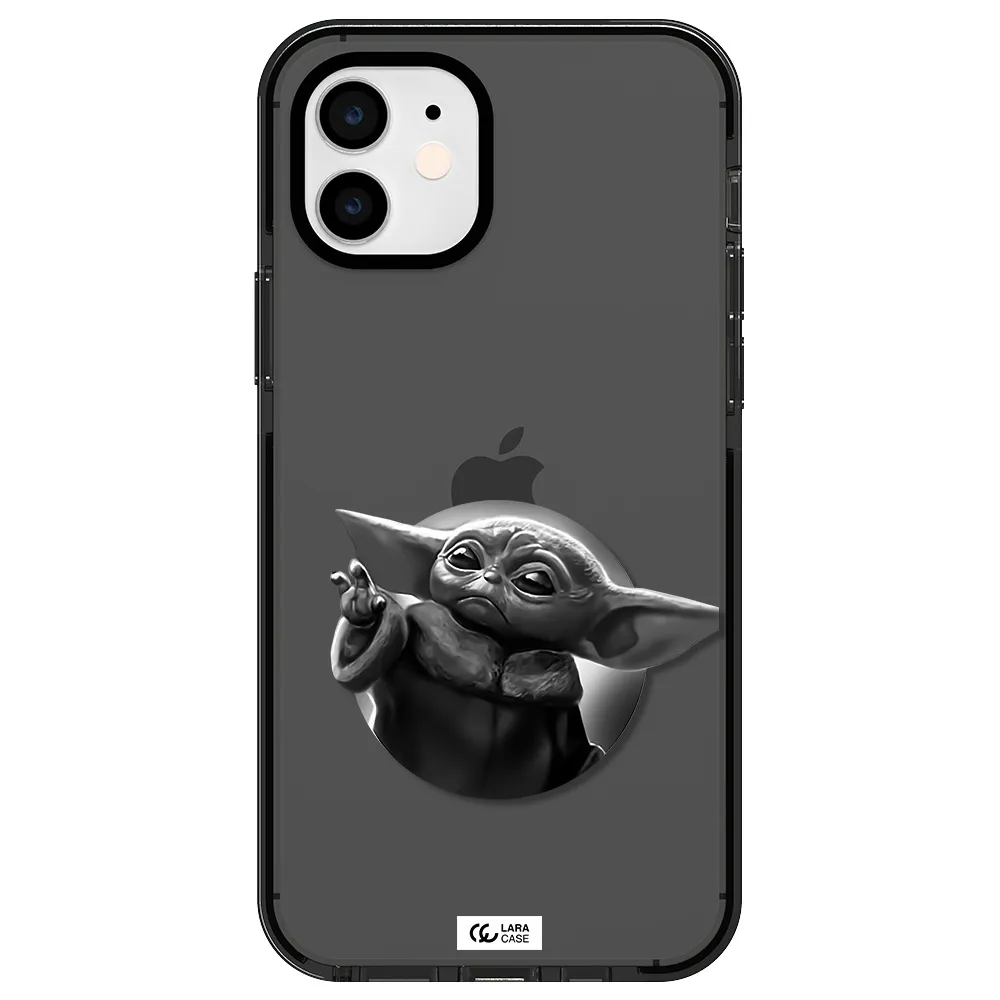 a black and white image of a baby yoda Apple iPhone 11 impact Smoke Black Case