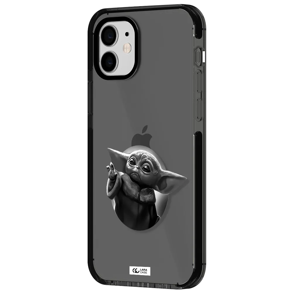a black and white image of a baby yoda Apple iPhone 11 impact Smoke Black Case