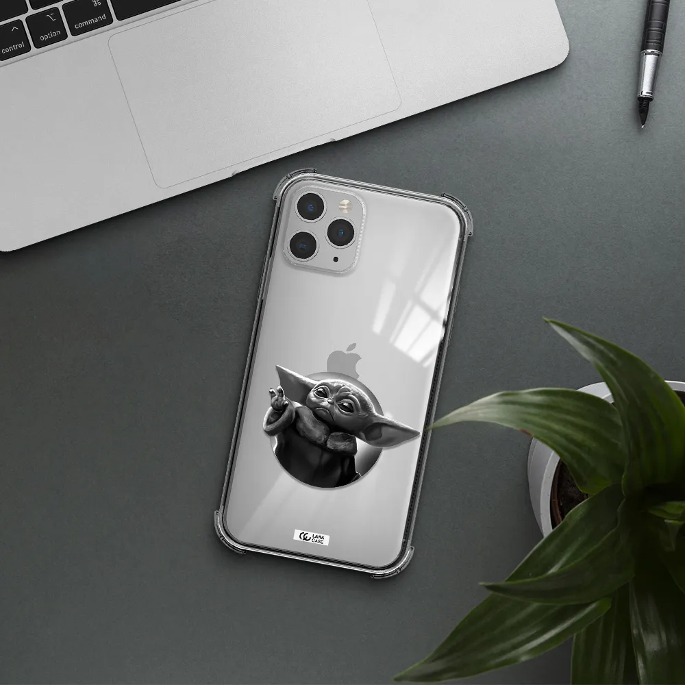 a black and white image of a baby yoda Apple iPhone 11 pro Clear PC Case