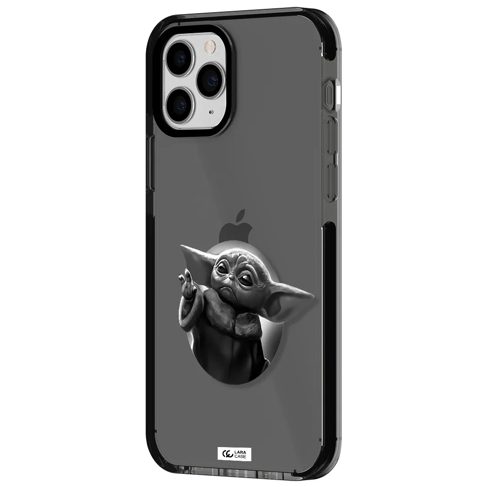 a black and white image of a baby yoda Apple iPhone 11 pro impact Smoke Black Case