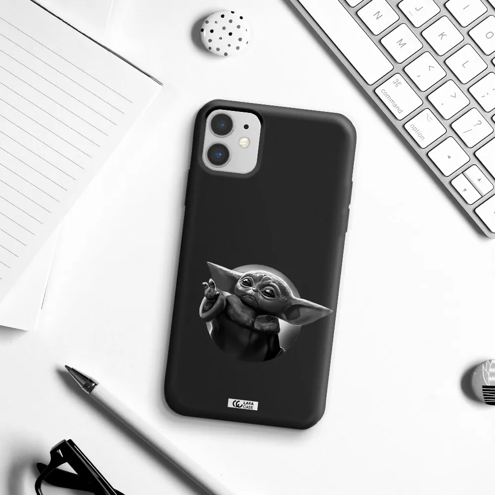 a black and white image of a baby yoda Apple iPhone 11 Silicone black Case
