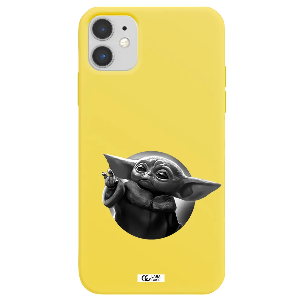a black and white image of a baby yoda Apple iPhone 11 Silicone canary yellow Case
