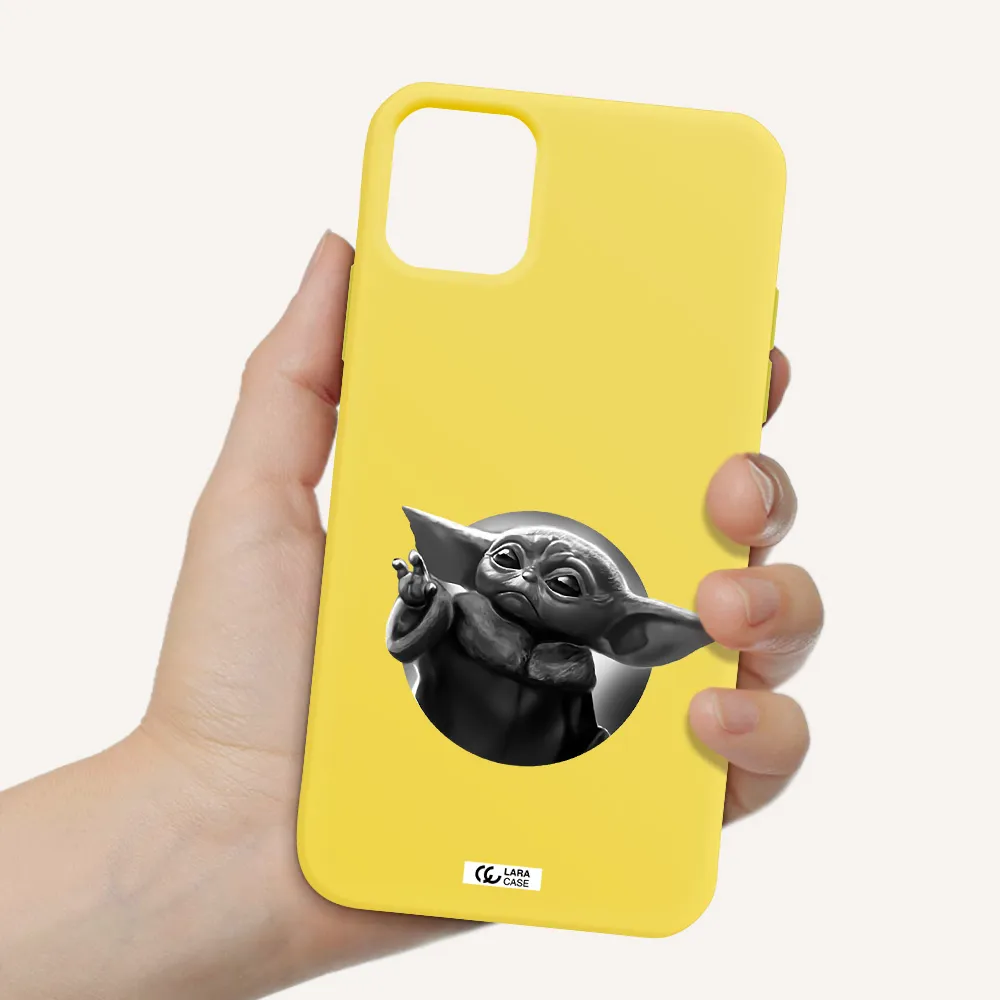 a black and white image of a baby yoda Apple iPhone 11 Silicone canary yellow Case