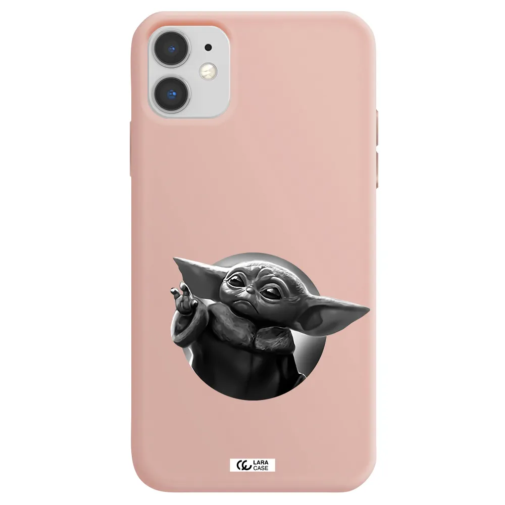 a black and white image of a baby yoda Apple iPhone 11 Silicone pastel pink Case