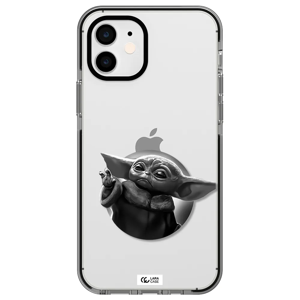a black and white image of a baby yoda Apple iPhone 12 impact black border Case