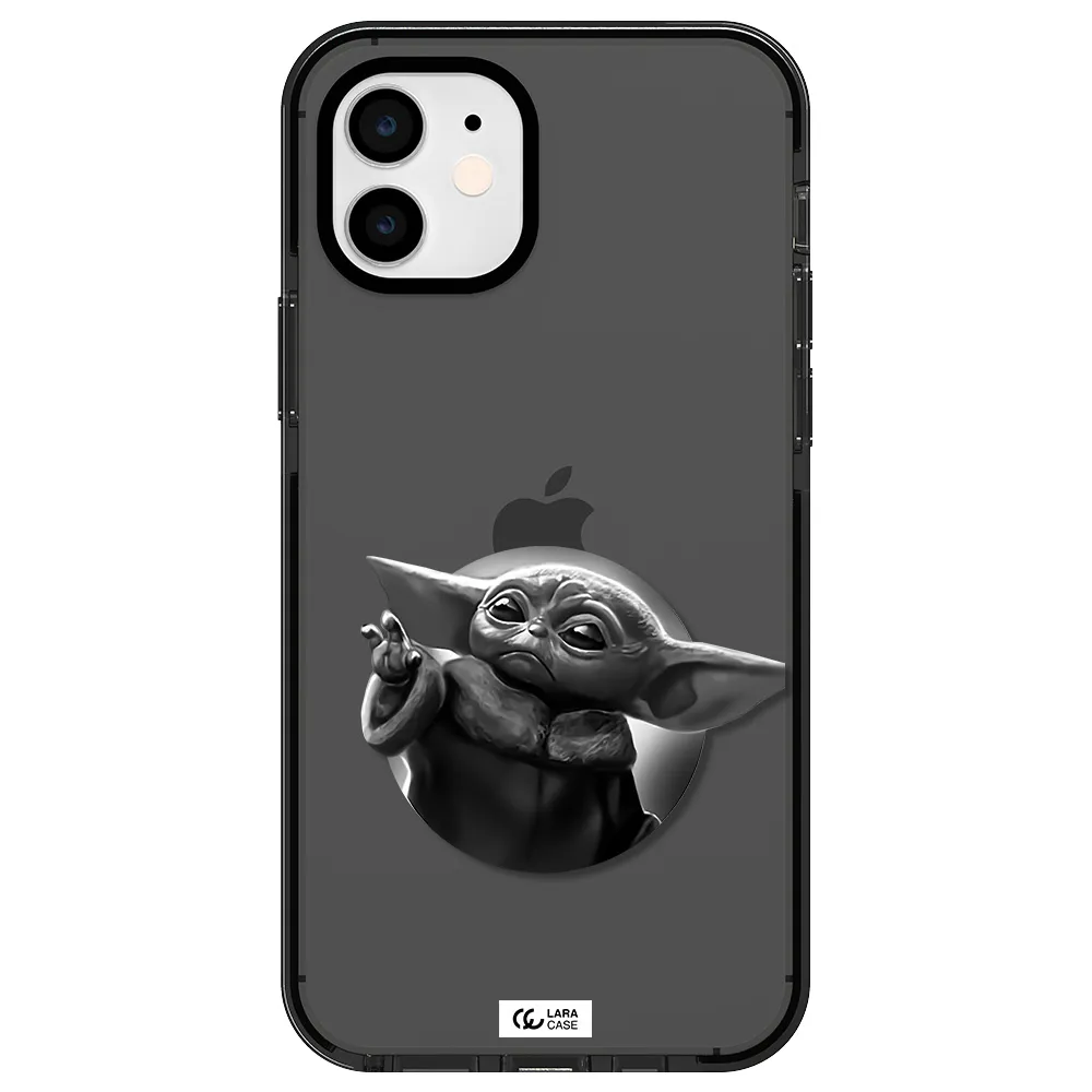 a black and white image of a baby yoda Apple iPhone 12 impact Smoke Black Case