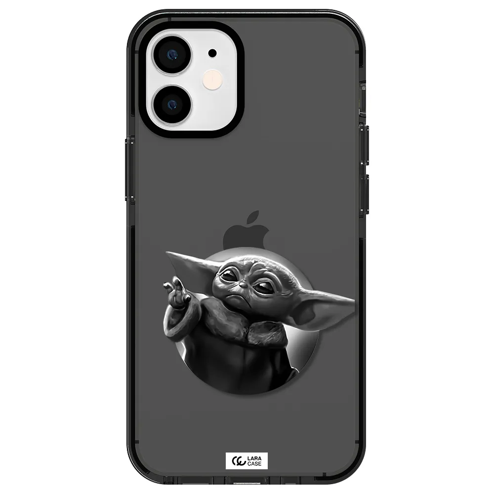 a black and white image of a baby yoda Apple iPhone 12 mini impact Smoke Black Case