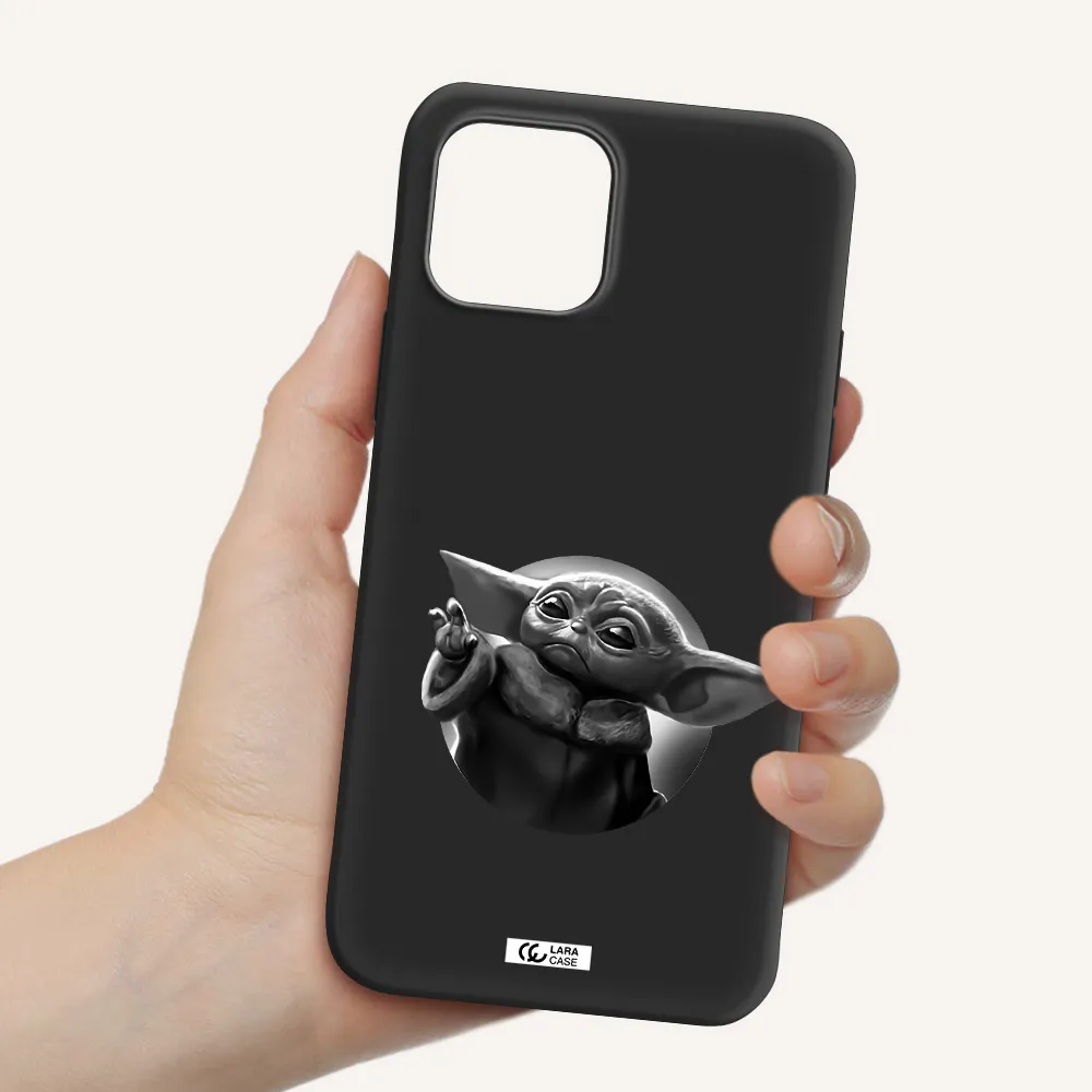 a black and white image of a baby yoda Apple iPhone 12 mini Silicone black Case