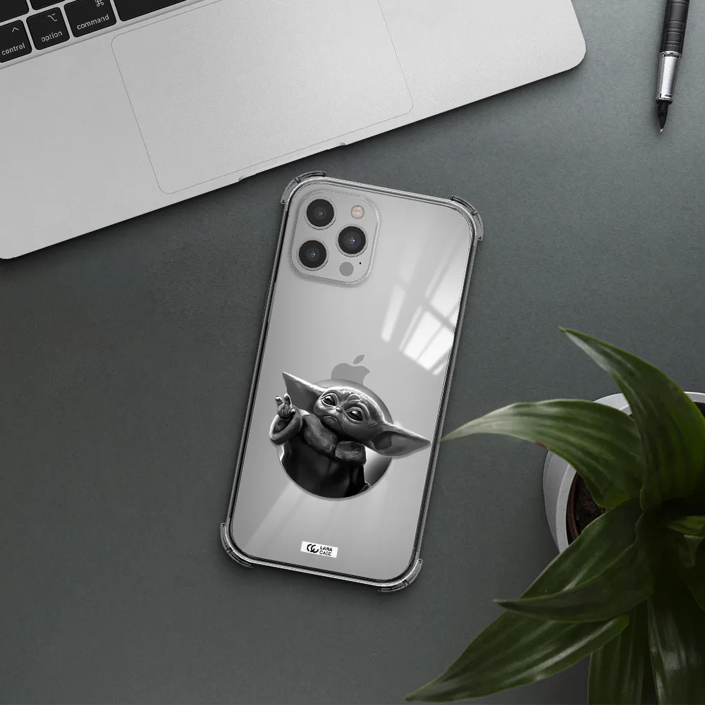 a black and white image of a baby yoda Apple iPhone 12 pro Clear PC Case