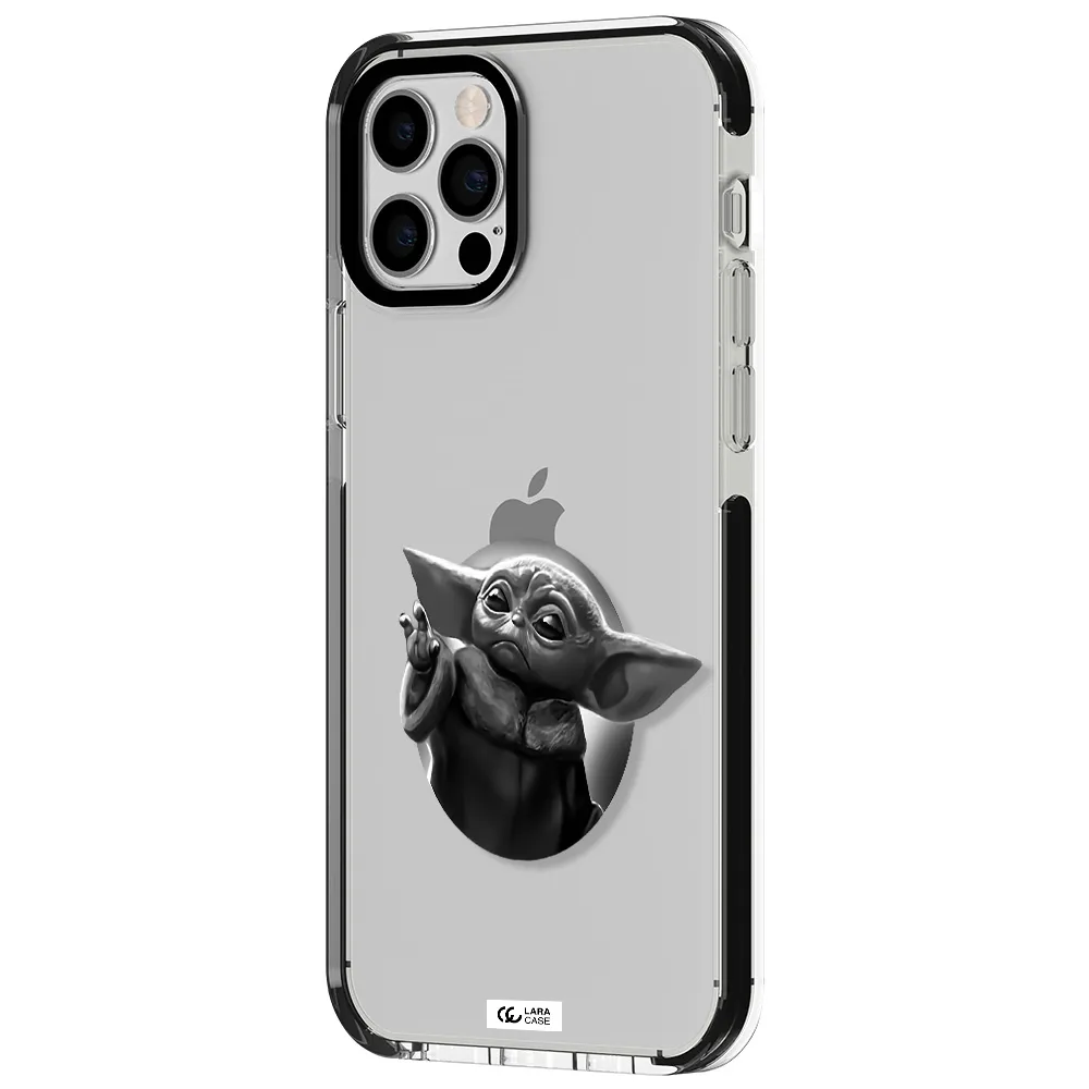 a black and white image of a baby yoda Apple iPhone 12 pro impact black border Case