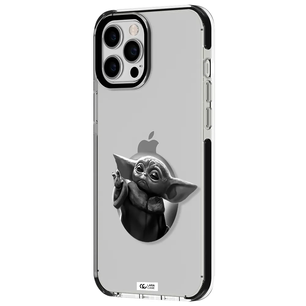 a black and white image of a baby yoda Apple iPhone 12 pro max impact black border Case