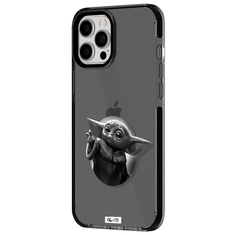 a black and white image of a baby yoda Apple iPhone 12 pro max impact Smoke Black Case